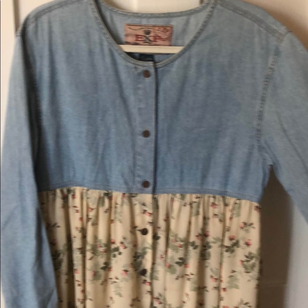 Vintage Express denim dress with floral skirt - M - Picture 2 of 3